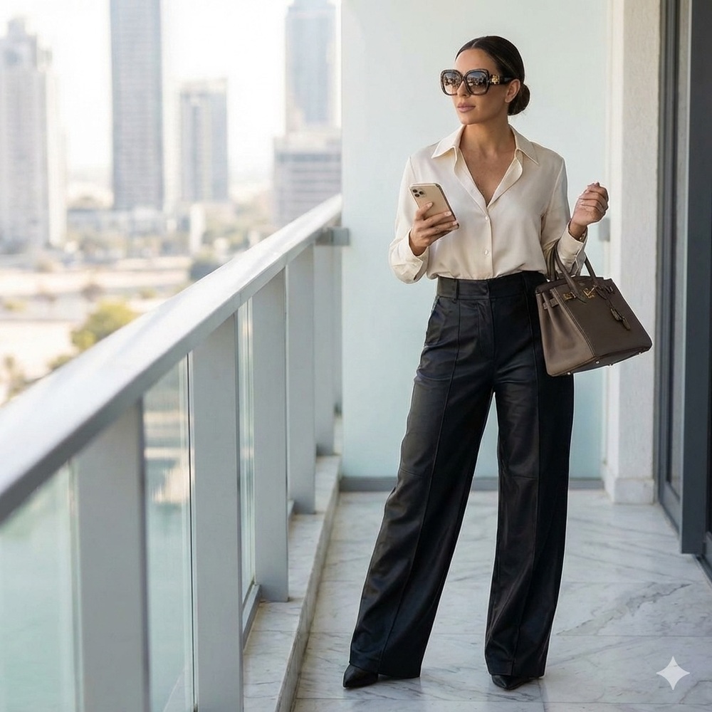 Womens L Chocolate Faux Leather Wide-Leg Pants High Rise Y2K Street Style Modern